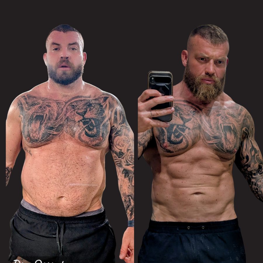 Head coach James Hall's own before and after: dramatically leaner with visible abs