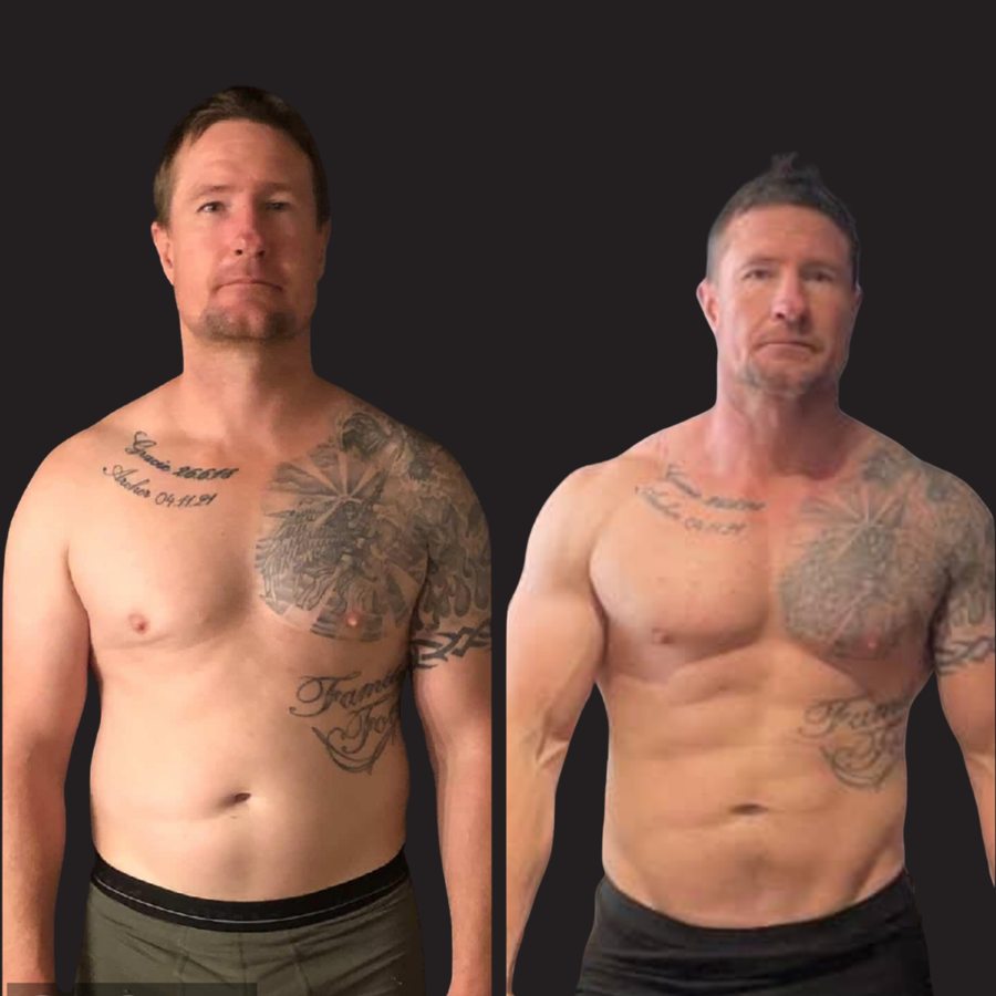 LFG member before and after: leaner, more defined chest, shoulders and abs