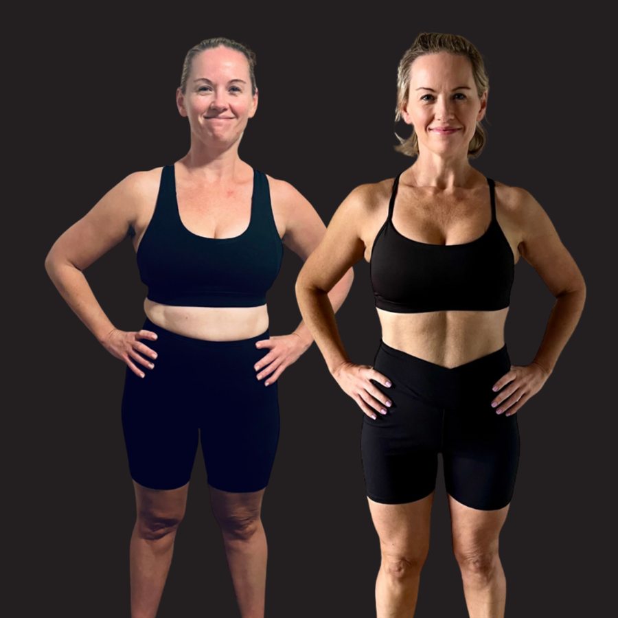 An LFG member before and after: toned arms, slimmer waist and a visibly flatter, defined stomach